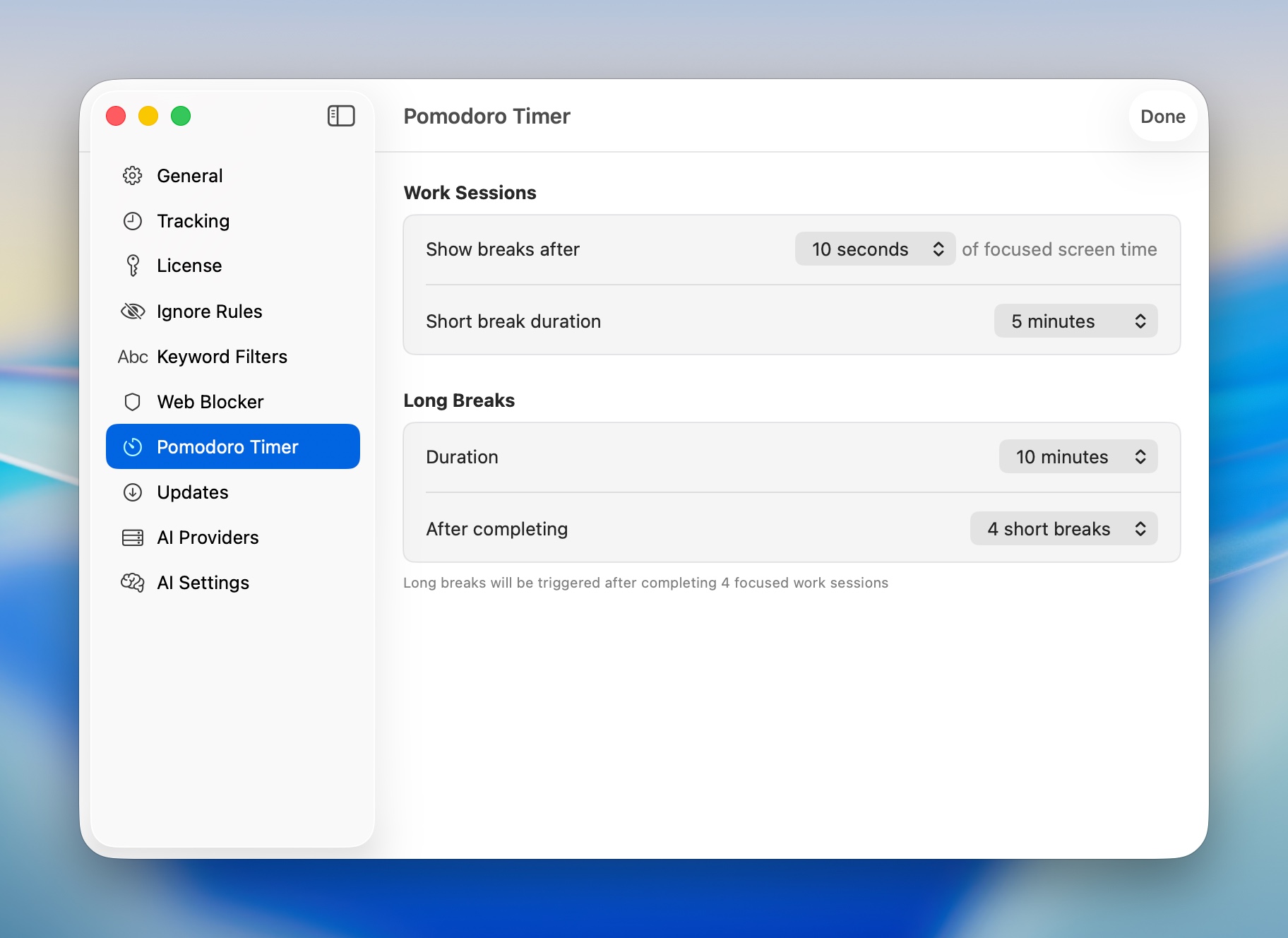 Pomodoro Timer Overview - Shows the timer in the menu bar and main window