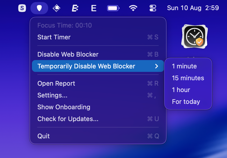 Temporary Disable Options - Shows the disable menu